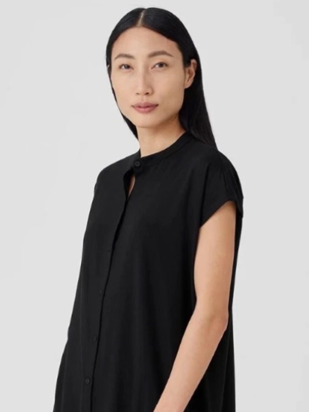 Eileen Fisher Jersey Round Neck Cap Sleeve Black Button Front Size 2X